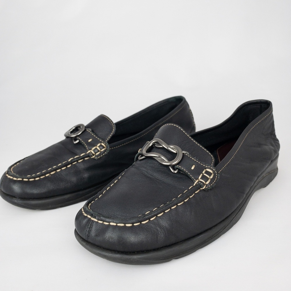 Aerosoles Shoes Womens 7.5 Black Leather Flats Horsebit Loafers Comfort Preppy